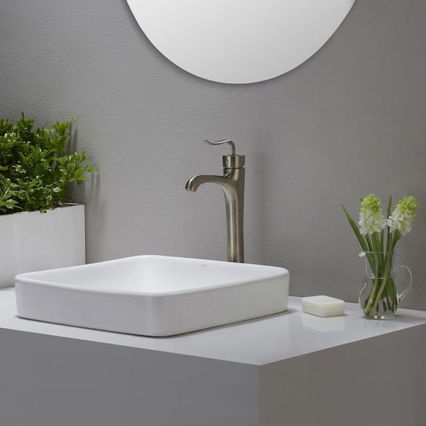 KRAUS Elavo 16.3 in. Square Vessel Bathroom Sink in White Vitreous China with Overflow and Pop Up Drain in Chrome