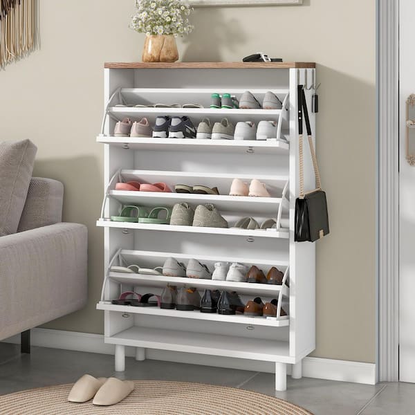 Harper & Bright Designs 47.6 in. H x 31.5 in. W White Shoe Storage Cabinet with Wood Grain Pattern Top, Flip Drawers, Hooks and Adjustable Panel
