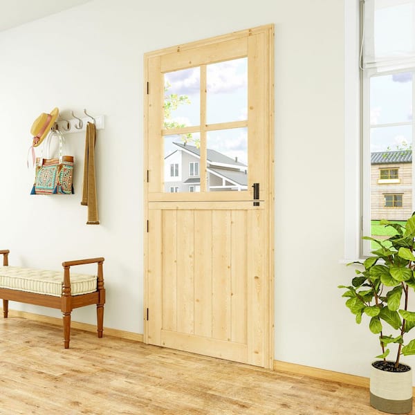 36 in. x 80 in. Solid Pine Universal 4 Lite Clear Glass Unfinished Dutch Door Design Wood Front Door Slab