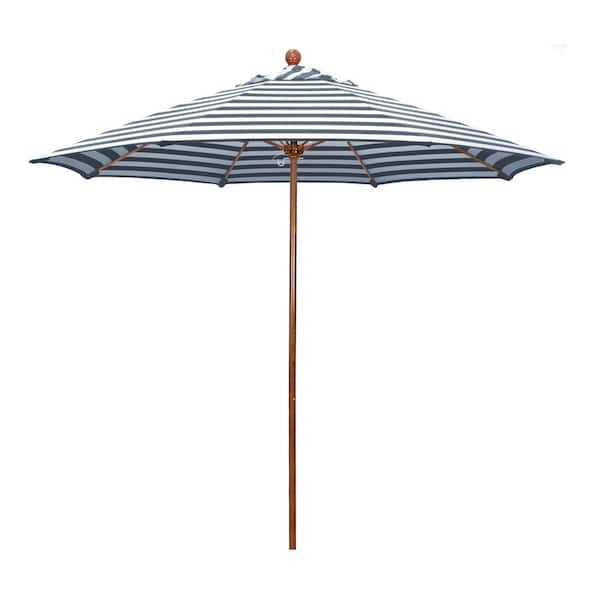California Umbrella 9 ft. Woodgrain Aluminum Commercial Market Patio Umbrella Fiberglass Ribs and Push Lift in Navy White Olefin