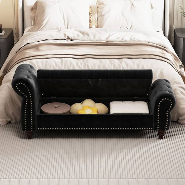 64.5 in. L Black Tufted Velvet Upholstered Chaise Lounge Bed Bench with Storage