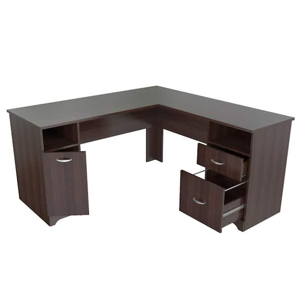 Inval 59 in. L-Shaped Espresso 2 Drawer Computer Desk with File Storage ...