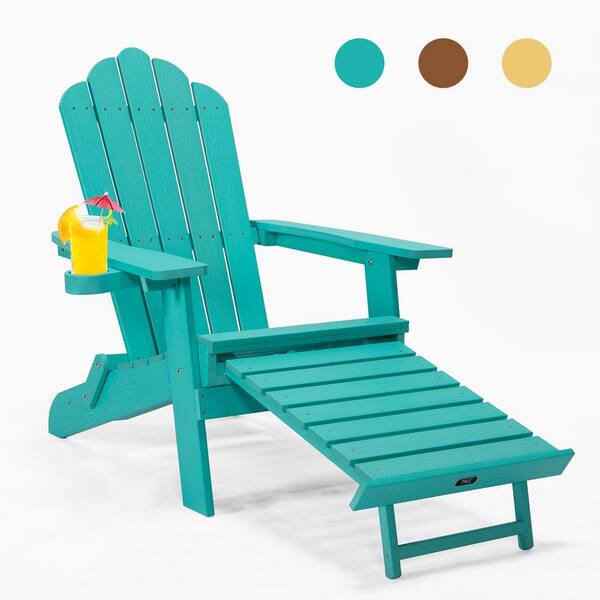 Folding Plastic Green Adirondack Chair with Pullout Ottoman with Cup