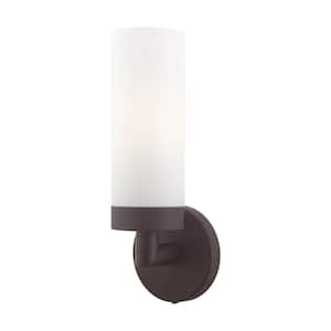 Aspen 11.75 in. 1-Light Bronze ADA Wall Sconce with Satin Opal White Glass