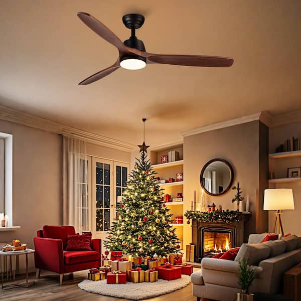 Farmhouse 52 in. Integrated LED Indoor Matte Black Ceiling Fan with Remote Control, DC Motor and 3 Solid Wood Blades