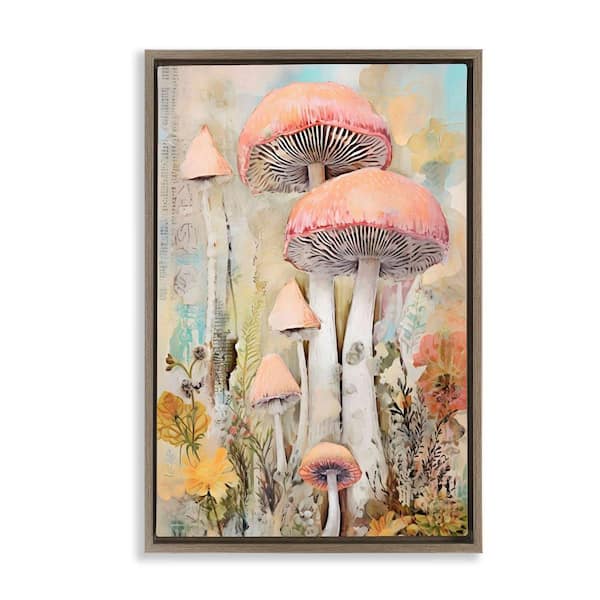 Stupell Industries Soft Collaged Mushrooms by LSR Design Studio Brown Floater Frame Nature Graphic Art Print 25 in. x 17 in.