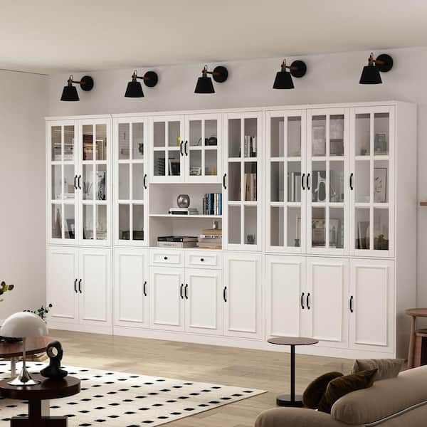 141.7 in. Luxurious Wall Wide White Wooden 30 Shelves Accent Bookcase with Tempered Glass Door & 2 Drawers