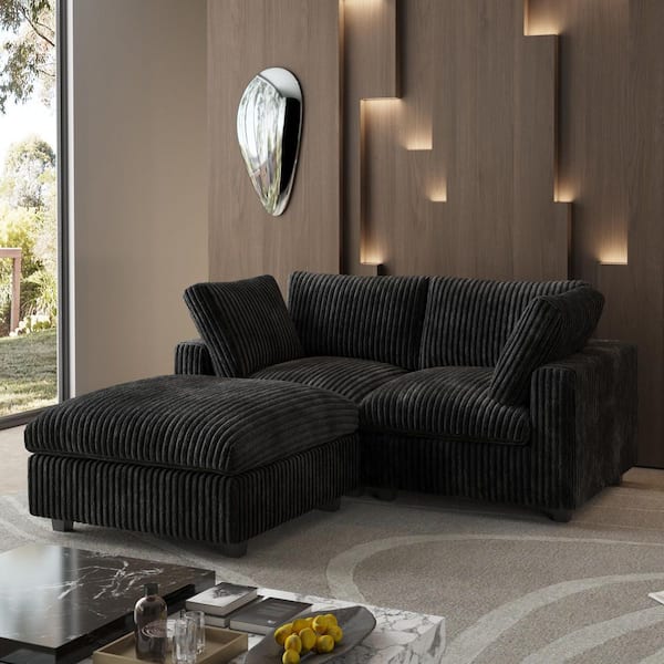 78.74 in. Rabbit Plush Fabric Square Arm 3-Piece L Shaped Modular Sectional Sofa in Black with Ottoman