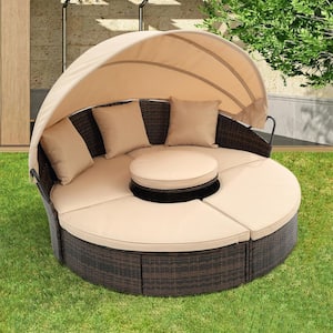 Brown KD Wicker Outdoor Round Sofa Day Bed with 4 Beige Cushions and 3 Pillows with Canopy and Lift Up Coffee Table
