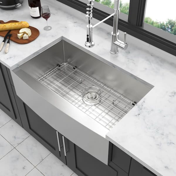 36 in. Farmhouse Single Bowl 18 Gauge Brushed Nickel Stainless Steel Kitchen Sink with Bottom Grids
