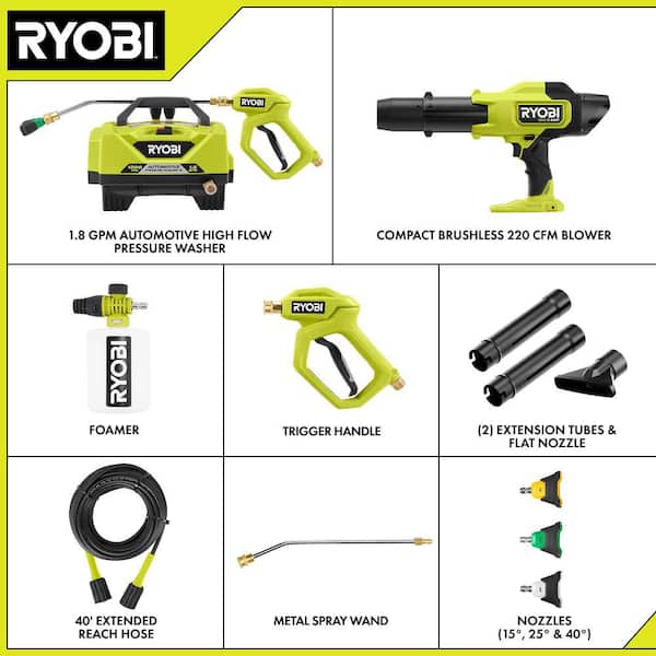 1.8 GPM Automotive High Flow Pressure Washer Kit with ONE+ HP 18V Brushless Cordless 220 CFM 140 MPH Compact Blower