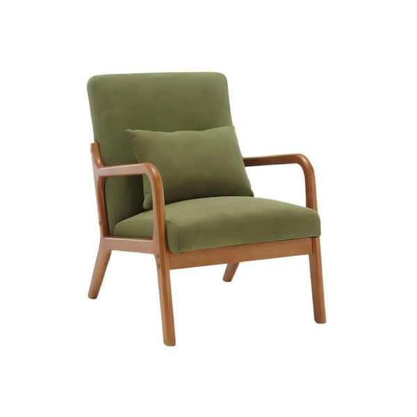 HOMEFUN Mid Century Modern Upholstered Green Velvet Wooden Frame Accent Armchair with Pillow and Cushion
