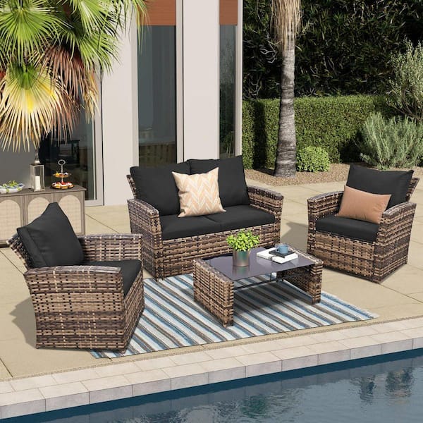 4-Piece Brown Outdoor Wicker Conversation Sets with Black Cushions and Coffee Table for Outside