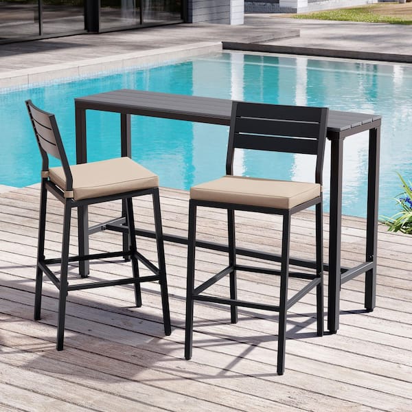 3-Piece Metal Outdoor Bistro Set Patio Bar Set 2 Stools with Beige Cushions 55.12 in. L. Bar Table with WPC Tabletop