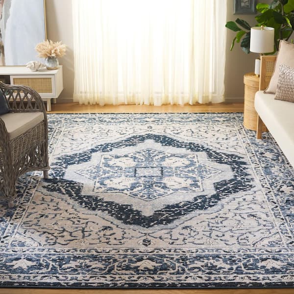 Rosewood 8 ft. x 10 ft. Ivory/Blue Ornate Border Medallion Area Rug