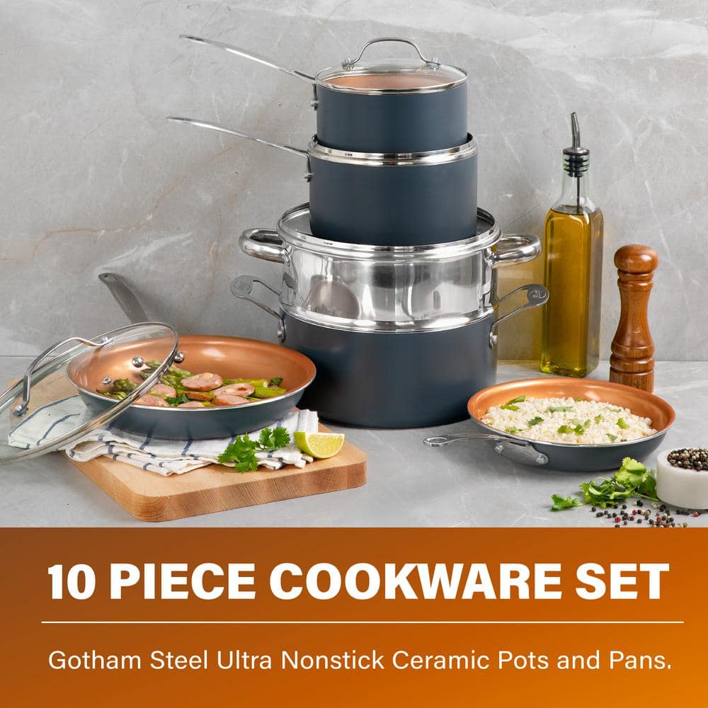 10-Piece Gray Nonstick Aluminum Cookware Set with Stainless Steel Handles