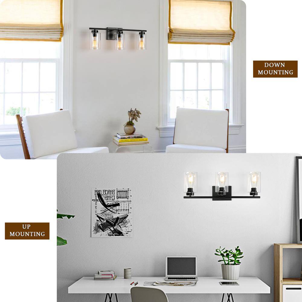 Black Metal 3-Light Vanity with Clear Glass Shades