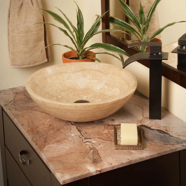Novatto Beige Travertine Stone Vessel Sink Set, Oil Rubbed Bronze
