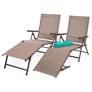 2-Piece Steel Outdoor Chaise Lounge Chair Adjustable Folding Pool Lounger - Brown