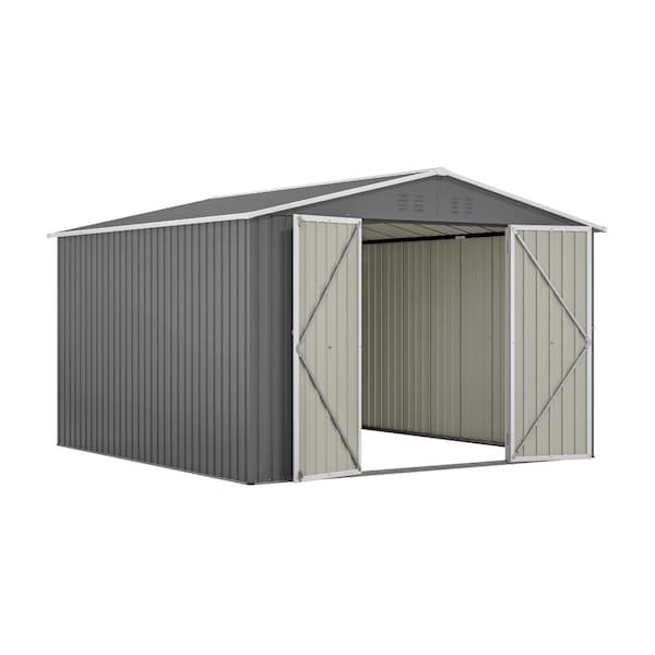 10 ft. W x 10 ft. D Gray Outdoor Metal Shed with Lockable Doors for Garden Patio Backyard Lawn (100 sq. ft.)