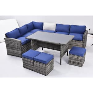 7-Piece Grey PE Rattan Wicker Steel Outdoor Sectional Sofa Set with Blue Cushions, Dining Table, Chairs and Ottomans