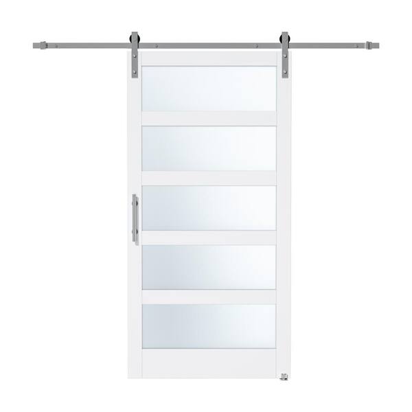 ARK DESIGN 42 in. x 84 in. 5-Lite Tempered Frosted Glass and White Finished MDF Sliding Barn Door with Hardware Kit Nickel-Plated