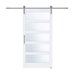 42 in. x 84 in. 5 Lite Frosted Glass White Finished MDF Sliding Barn Door with Hardware Kit Nickel-Plated and Soft Close