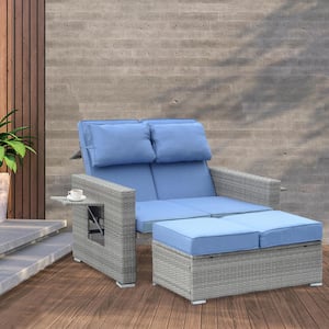 Gray 2-Piece Wicker Outdoor Loveseat with Blue Cushions