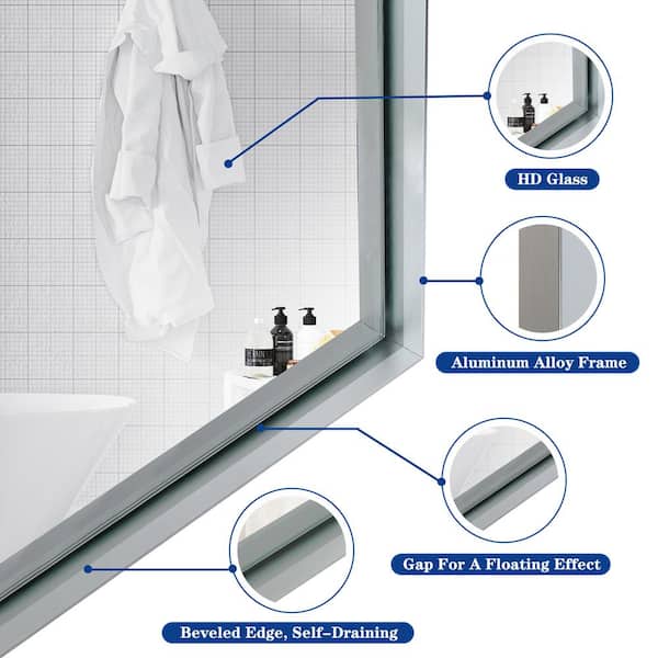 Silver 36 in. W x 24 in. Large Glossy Brushed Metal Framed