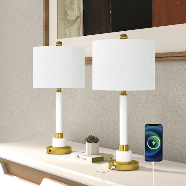 Maxax Cleveland 26 in. Brass Metal Bedside Table Lamp with White Linen Shade/USB Port（2-Pack）
