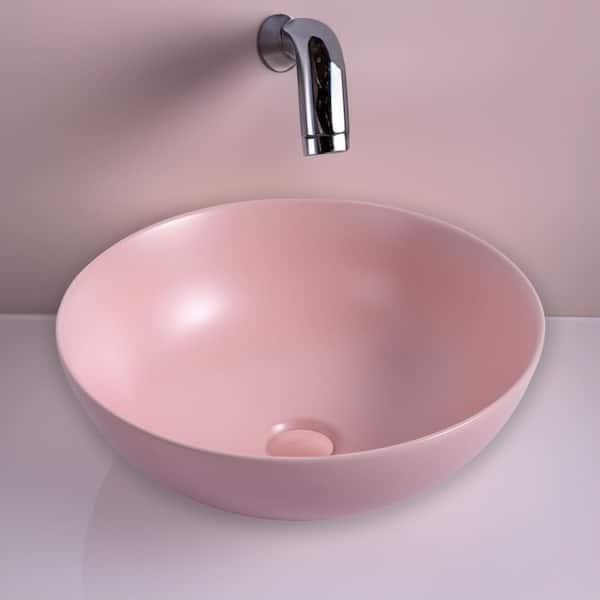 FUNKOL Modern Style Ceramic Countertop Art Wash Basin Vessel Sink in Matt Light Pink
