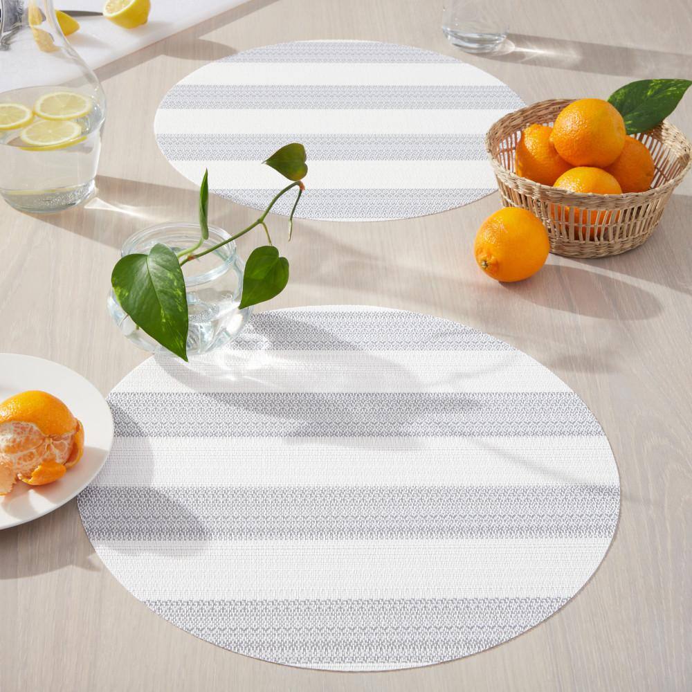 Gray and White Cabana Stripe Round Vinyl Placemats, 15" Set of 4