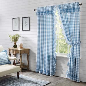 Annie Buffalo Check 40 in W x 84 in L Ruffled Light Filtering Rod Pocket Window Panel in Blue White Pair