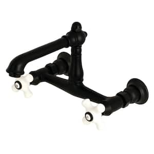 English Country Porcelain Cross 2-Handle Wall-Mount Bathroom Faucet in Matte Black