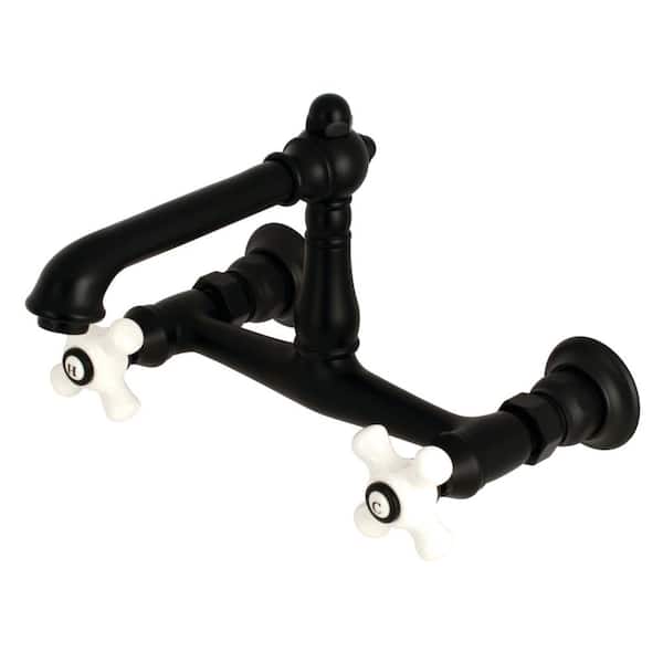Kingston Brass English Country Porcelain Cross 2-Handle Wall-Mount Bathroom Faucet in Matte Black