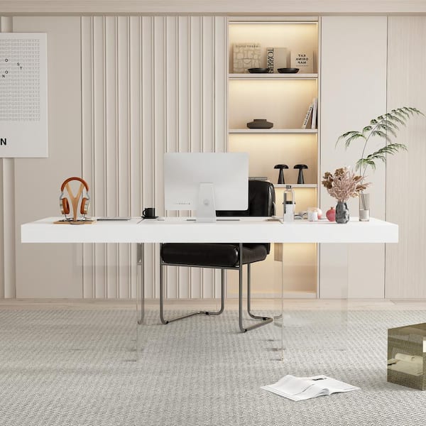 78.7 in. L Rectangle White Wood Executive Desk Meeting Table With Clear Tempered Glass Legs Office Use
