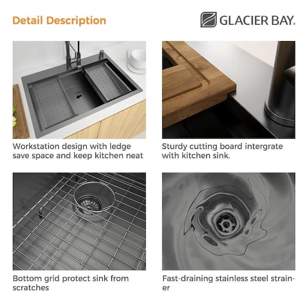 瀑布33 Glacier Bay 33 in Drop-In Single Bowl 18-Gauge Gunmetal