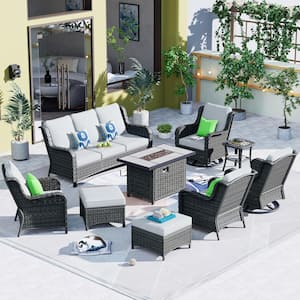Joyoung Gray 9-Piece Wicker Patio Rectangle Fire Pit Conversation Set with Gray Cushions and Swivel Chairs