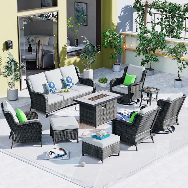 OVIOS Joyoung Gray 9-Piece Wicker Patio Rectangle Fire Pit Conversation Set with Gray Cushions and Swivel Chairs