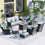 Joyoung Gray 9-Piece Wicker Patio Rectangle Fire Pit Conversation Set with Gray Cushions and Swivel Chairs