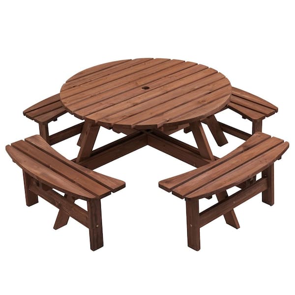 Unbranded 70 in. Brown Round Wood Outdoor Picnic Tables Seat 8 People with Umbrella Hole, 4-Benches
