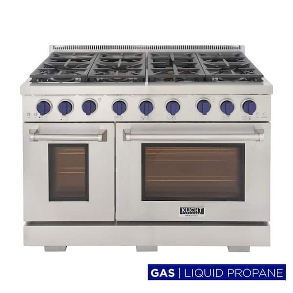 Pro-Style 48 in. 6.7 cu. ft. Double Oven Gas Range LP Ready with 25K Power Burner in Stainless Steel and Blue Knobs