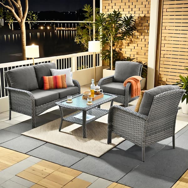 XIZZI Zora 4-Piece Wicker Patio Conversation Seating Sofa Set with Dark Gary Cushions and Table