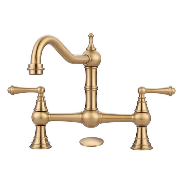 Vintage Double Handle High Arc 2-3 Hole Brass Bridge Kitchen Faucet with Sink Hole Cover in Brushed Gold