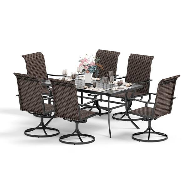 Phi Villa 7 Piece Patio Outdoor Dining Set With Rectangle Slat Table And Rattan Swivel Chair 2193