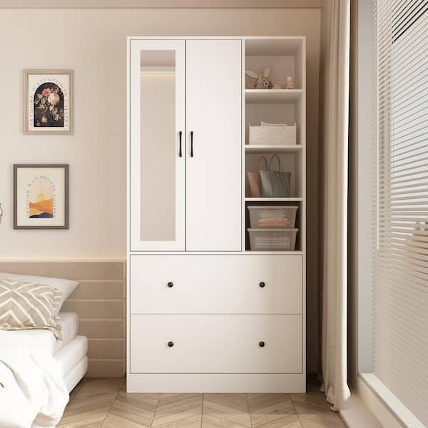 FUFU&GAGA White Wood 35.5 in. W Armoires Wardrobe With Mirror, Pulling Hanging Rod, Drawers, Shelves 15.8 in. D x 70.8 in. H