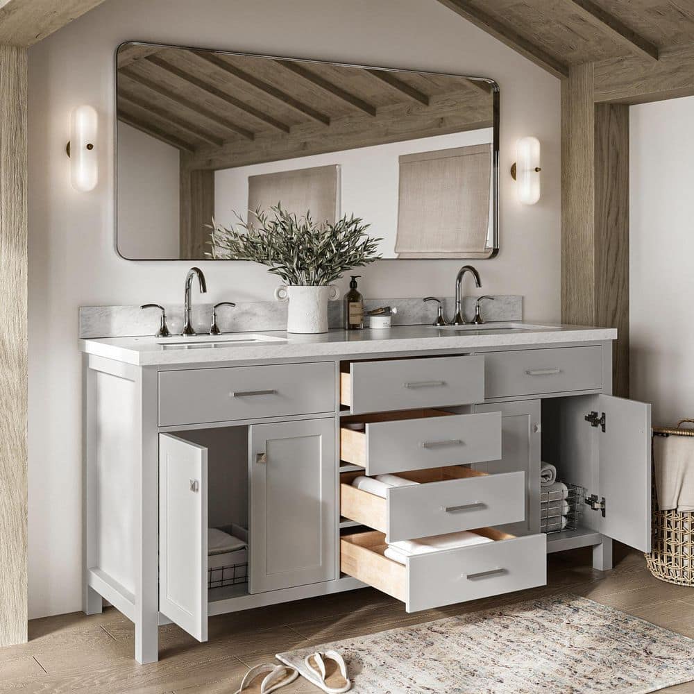 Grey Double Freestanding Vanity with White Marble Top