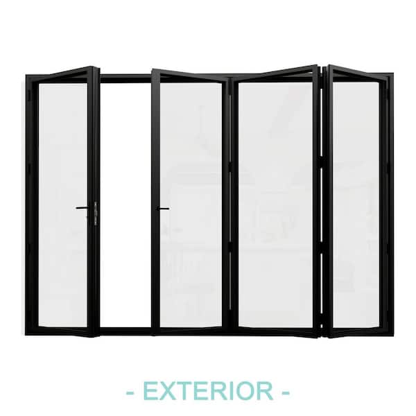 120 in. x 96 in. Right Swing/Outswing Double Tempered Glass Black Aluminum Folding Patio Door (3-Folding Plus 1-Swing)