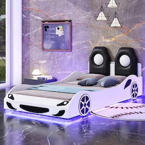 White Wood Frame Twin Size Race Car-Shaped Platform Bed with LED and PU Upholstered Backrest