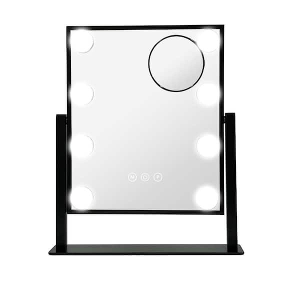 Unbranded 12.04 in. W x 14.17 in. H Rectangular Metal Black Desktop LED Makeup Vanity Mirror 8 Dimmable Bulbs and Type-C Charging